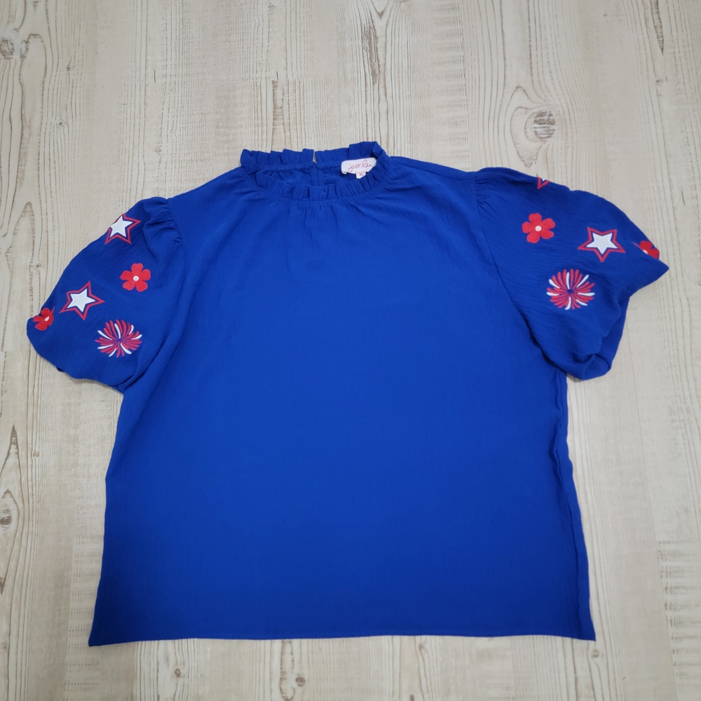 Patriotic Princess Embroidered Puff Sleeve Blue Blouse with Ruffle Neckline XL